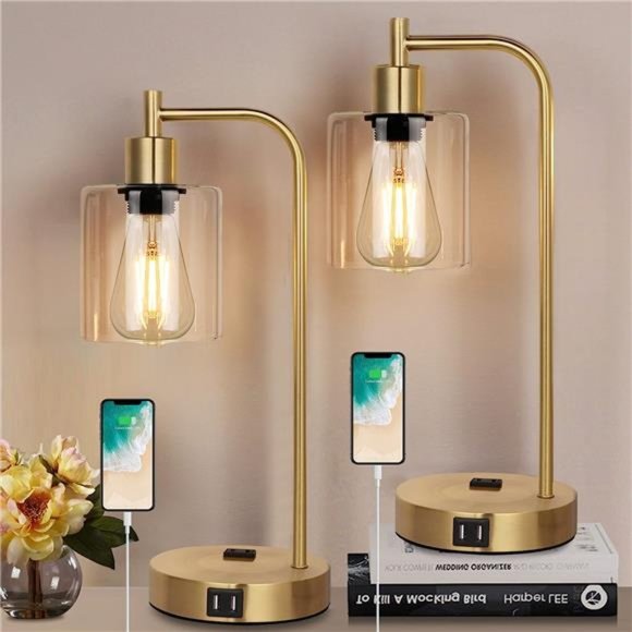 Set of 2 Industrial Touch Control Table Lamps with 2 USB Ports and 2 AC Outlets